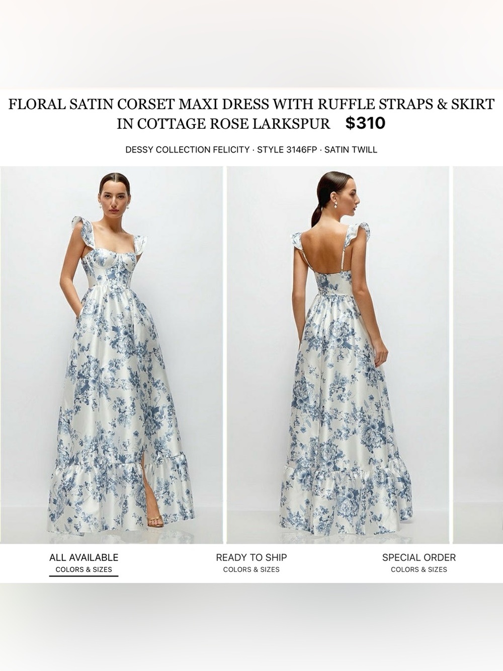 Dessy Collection Blue and White Floral Satin Corset Maxi Dress